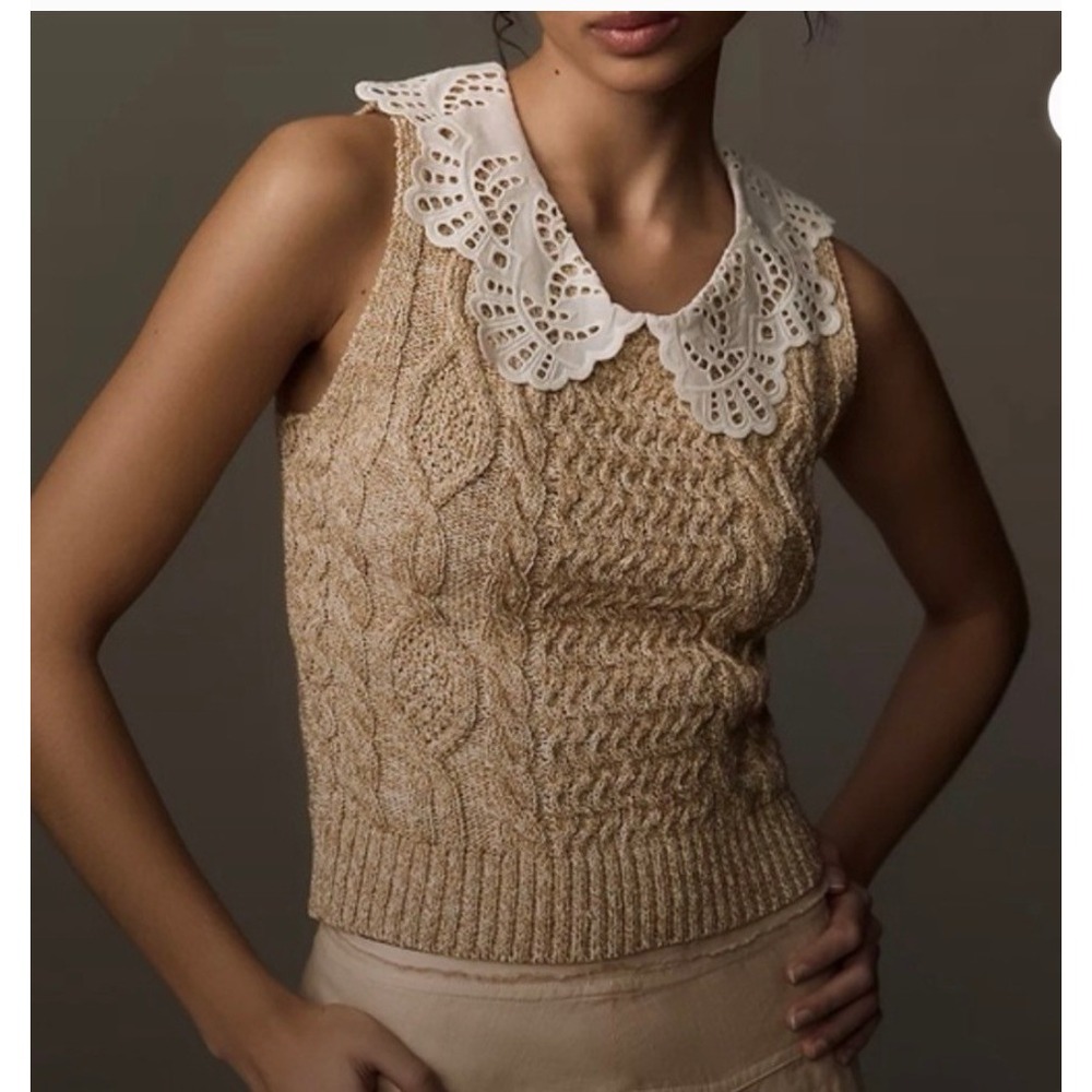 Anthropologie Lace Collar Sweater Tank Top Yellow Marled Cable Knit Size M - Picture 1 of 9